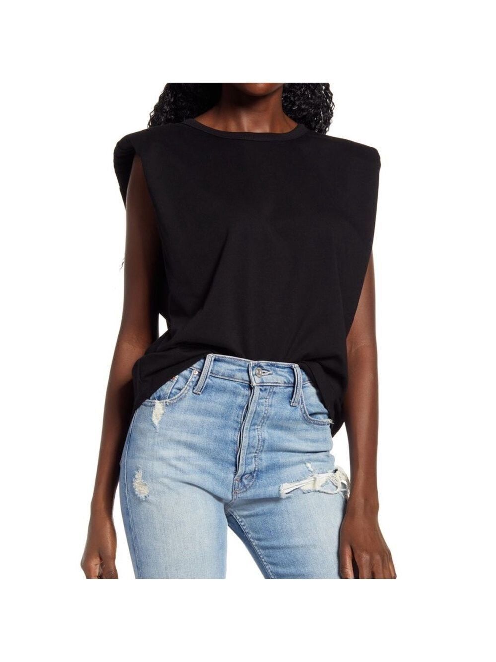 Endless Rose Padded Shoulder Boxy Relaxed Fit T-Shirt Top in Black